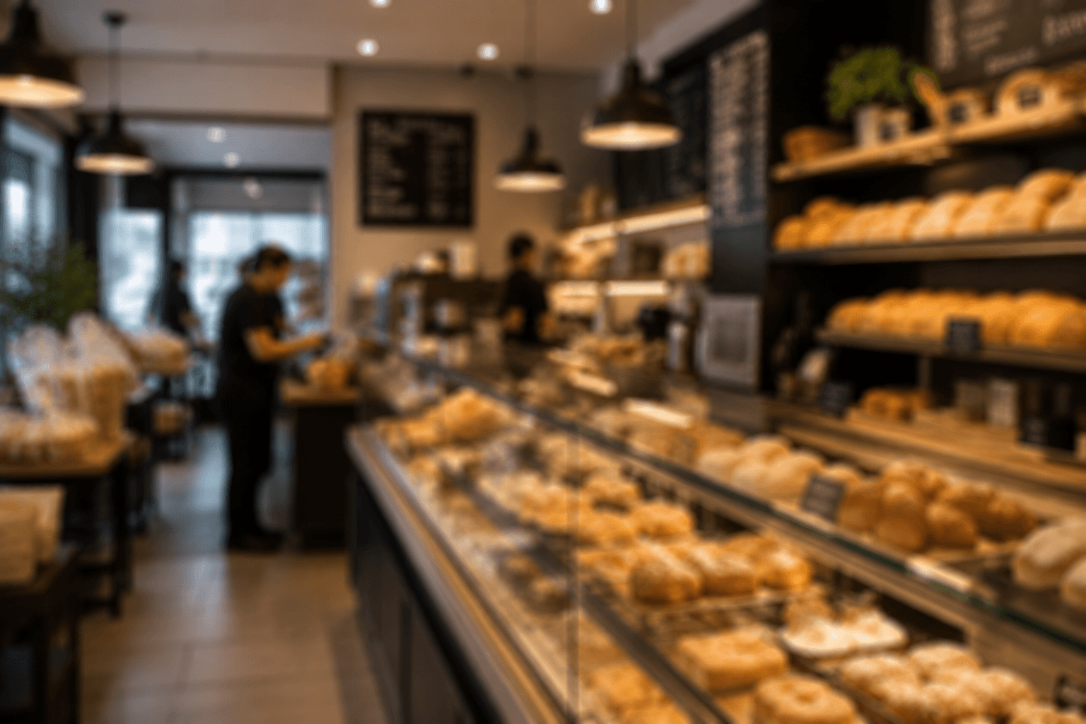 Bakery display case filled with fresh pastries and bread